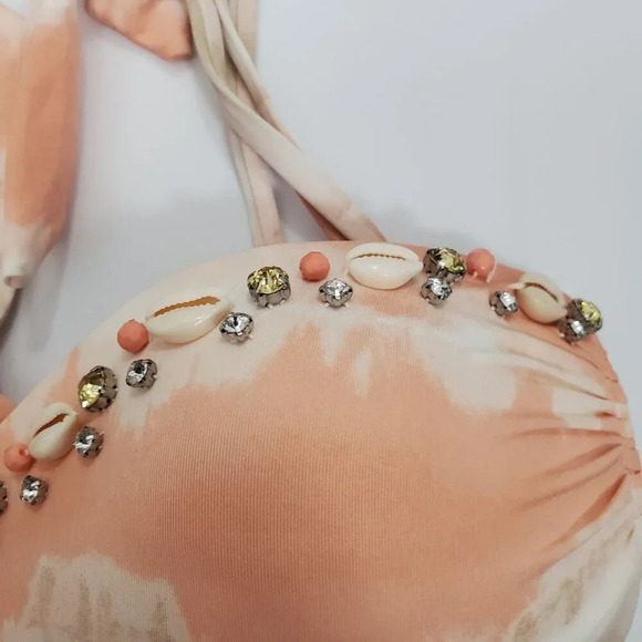 Ninety Six Degrees Peach White Marble Shell Crystal Push Up Halter Bikini Top L - Picture 2 of 5
